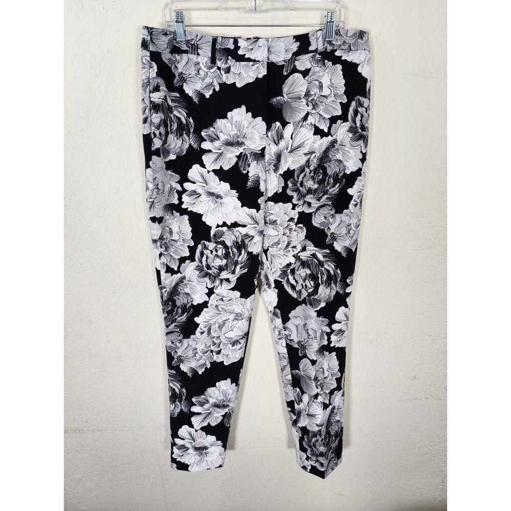 Chicos Black Label Womens Pants 2R US 12 Black White Floral Tapered Stretch